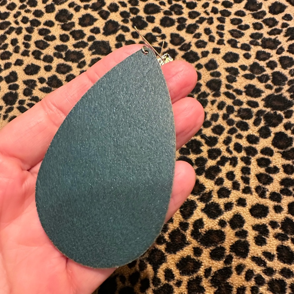 Geometric Blue & Gold Leather Teardrop Earrings - Picture 5 of 8